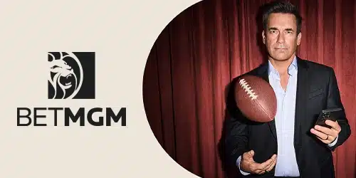 BetMGM sportsbook promo banner for missouribettinghub with Jon Hamm juggling a football