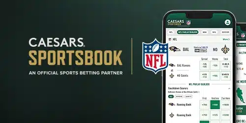Caesars sportsbook promo banner for missouribettinghub with Caesars logo next to NFL logo