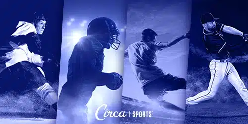 Circa sportsbook betting market banner with collaged pictures of a hockey player, a football player, a soccer player and a baseball player