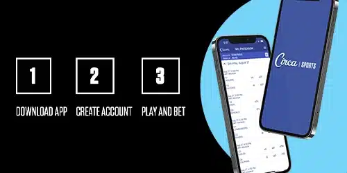Circa sportsbook app registration banner with a quick guide next to two mobile phones