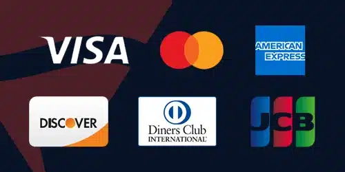Fanatics payment methods with the logos of VISA, MasterCard, AMEX, DISCOVER, Diners Club, and JCB
