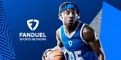 fanduel sportsbook desktop banner with a basketball player dribbling a ball