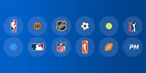 FanDuel markets with icons representing various sports and leagues, including NBA, NHL, soccer, tennis, PGA Tour, baseball, NFL, football, and PH