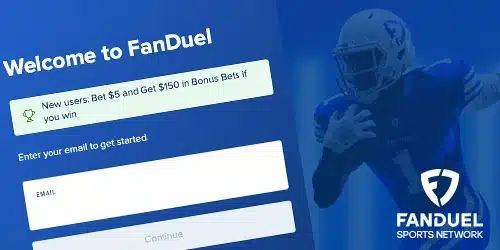 FanDuel sign up banner with a screen of a mobile phone on sign up page, an NFL player, all on a blue background