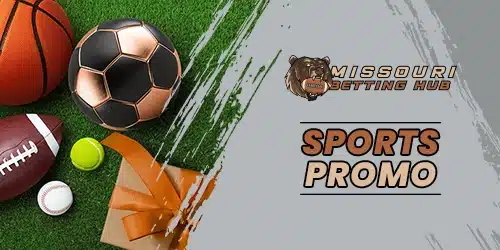 missouribettinghub sportsbook promo banner with an NFL ball, tennis ball, baseball, soccer ball and basketball, all placed beside a wrapped gift